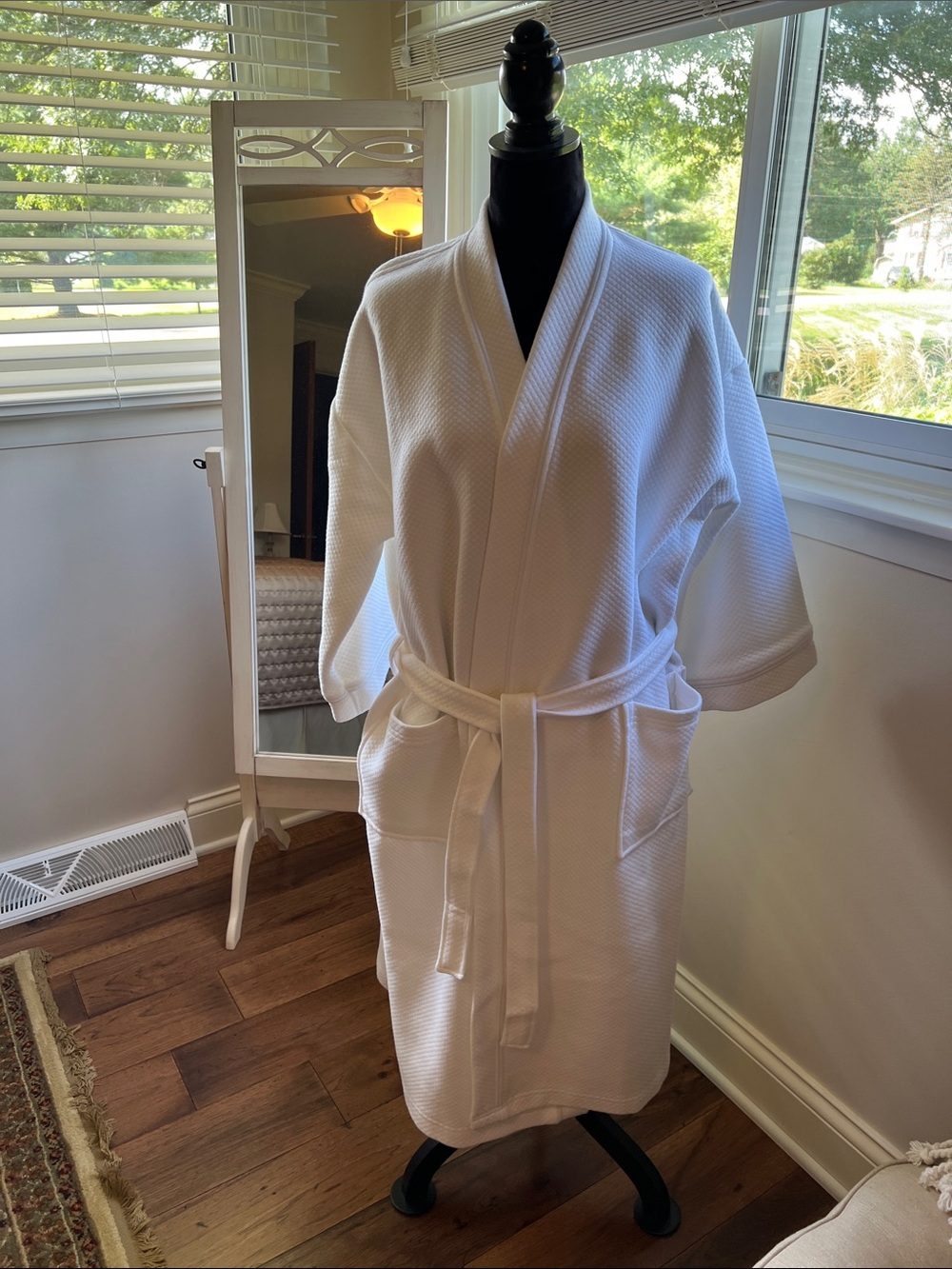 Women's or Menโs White Textured Belted Robe with Patch Pockets